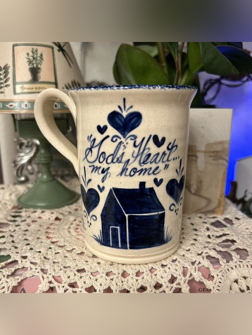 Cream + Navy Ceramic Mug w Hand Painted House & Hearts by Three Rivers Pottery
